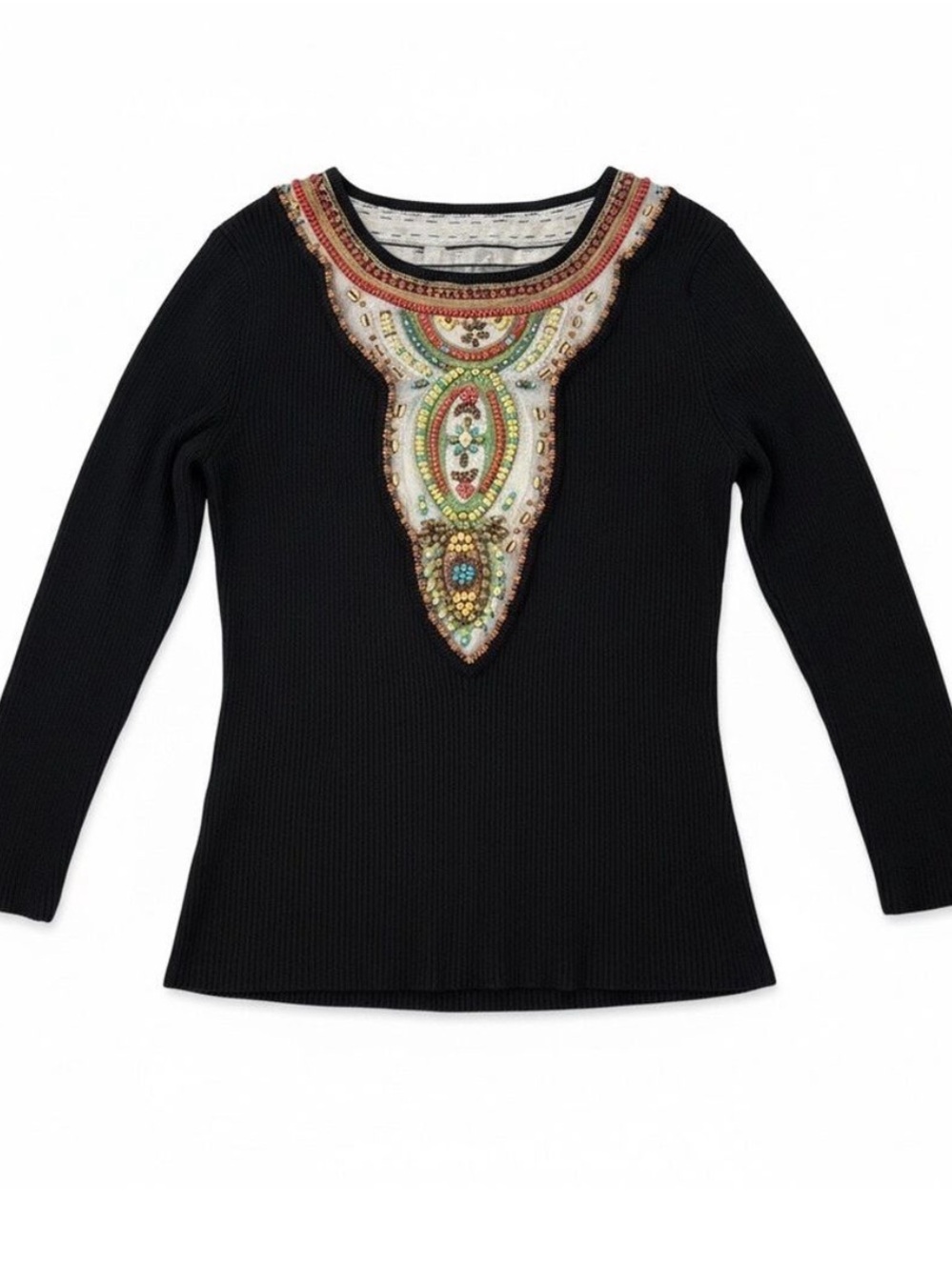 Berek Black Ribbed Knit‎ Beaded Top Medium EUC
